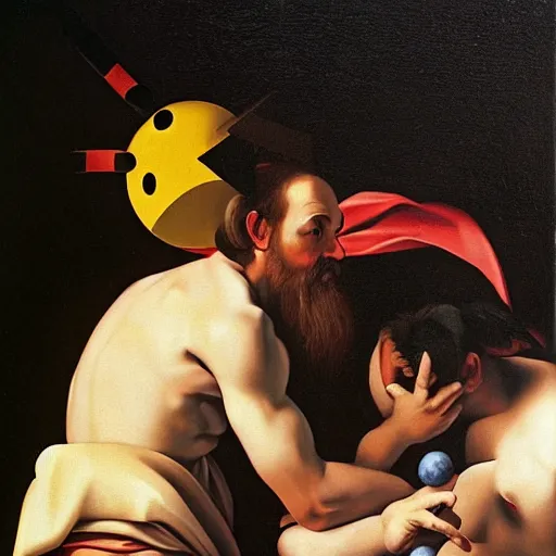 Prompt: zeus and his pet pikachu, oil painting by caravaggio