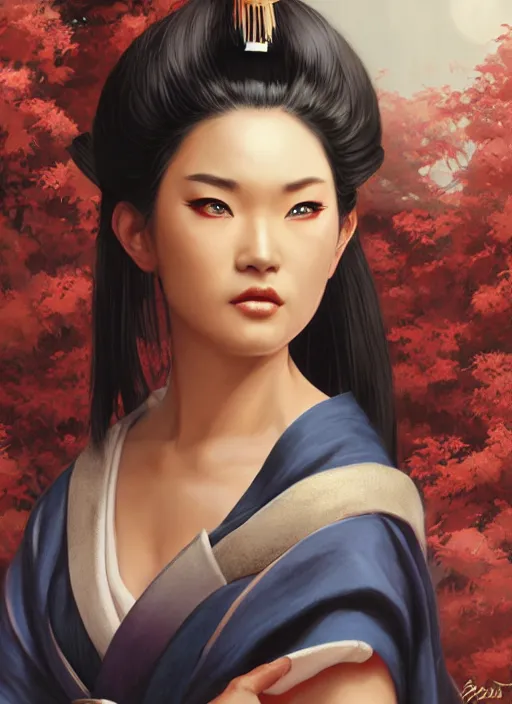 Image similar to hyper realistic geisha, by artgerm, background by greg rutkowski