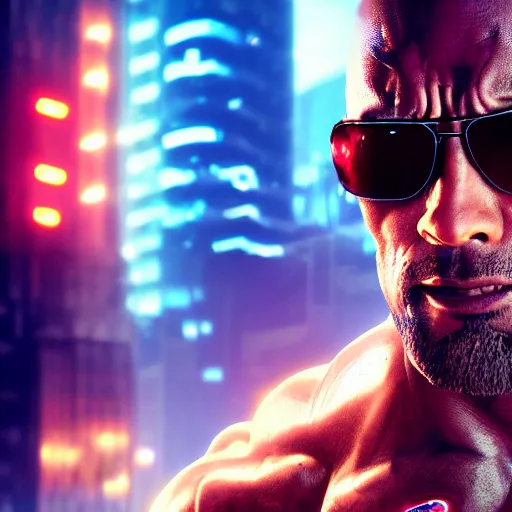 Image similar to dwayne johnson with terminator's eye, cyberpunk 2 0 7 7, photorealistic, ultra detailed, neon, octane, bokeh, cinematic lighting, cyber, cyberpunk city, studio quality, feature, scars, cyberface, 8 k