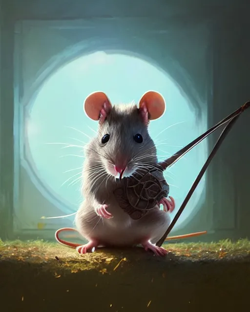 Image similar to highly detailed vfx portrait of a cute little rat with a bow, unreal engine, greg rutkowski, loish, rhads, beeple, makoto shinkai and lois van baarle, ilya kuvshinov, rossdraws, tom bagshaw, alphonse mucha, global illumination, detailed and intricate environment