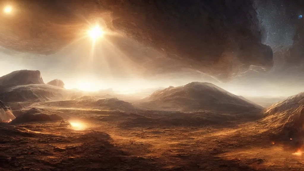 Prompt: meteorite crash earth, fault, a shock wave, pieces of land, frightening appearance, catastrophic, Breathtaking , the sun's rays through the dust, art by Jessica Rossier,