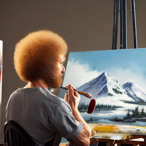 Image similar to a closeup photorealistic photograph of bob ross working on a canvas painting of captain america. happy trees, mountain scape. film still. brightly lit scene. this 4 k hd image is trending on artstation, featured on behance, well - rendered, extra crisp, features intricate detail, epic composition and the style of unreal engine.