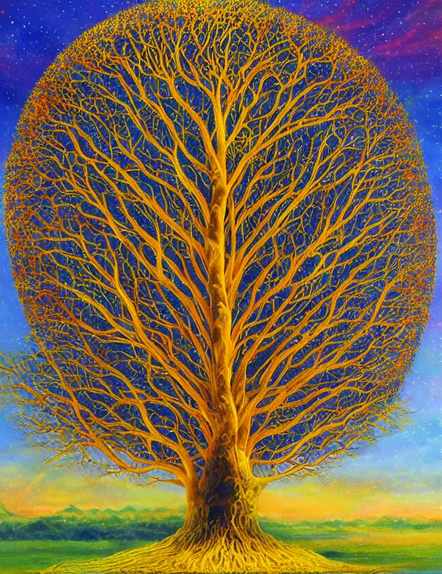 Image similar to tree of knowledge erudite gnostic wisdom, golden boughs and roots, celestial skies and lambent clouds, oil painting award winning, chromatic aberration bright colors