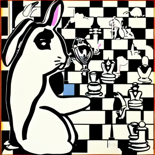 Image similar to a rabbit playing chess in the style of roy lichtenstein