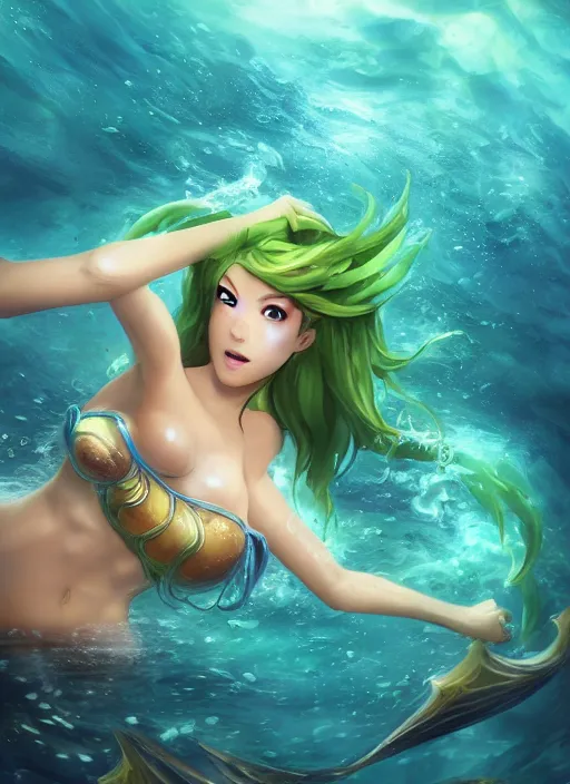 Image similar to nami the mermaid, from league of legends, au naturel, playing underwater, green skin, hyper detailed, digital art, trending in artstation, cinematic lighting, studio quality, smooth render, unreal engine 5 rendered, octane rendered, art style by klimt and nixeu and ian sprigger and wlop and krenz cushart