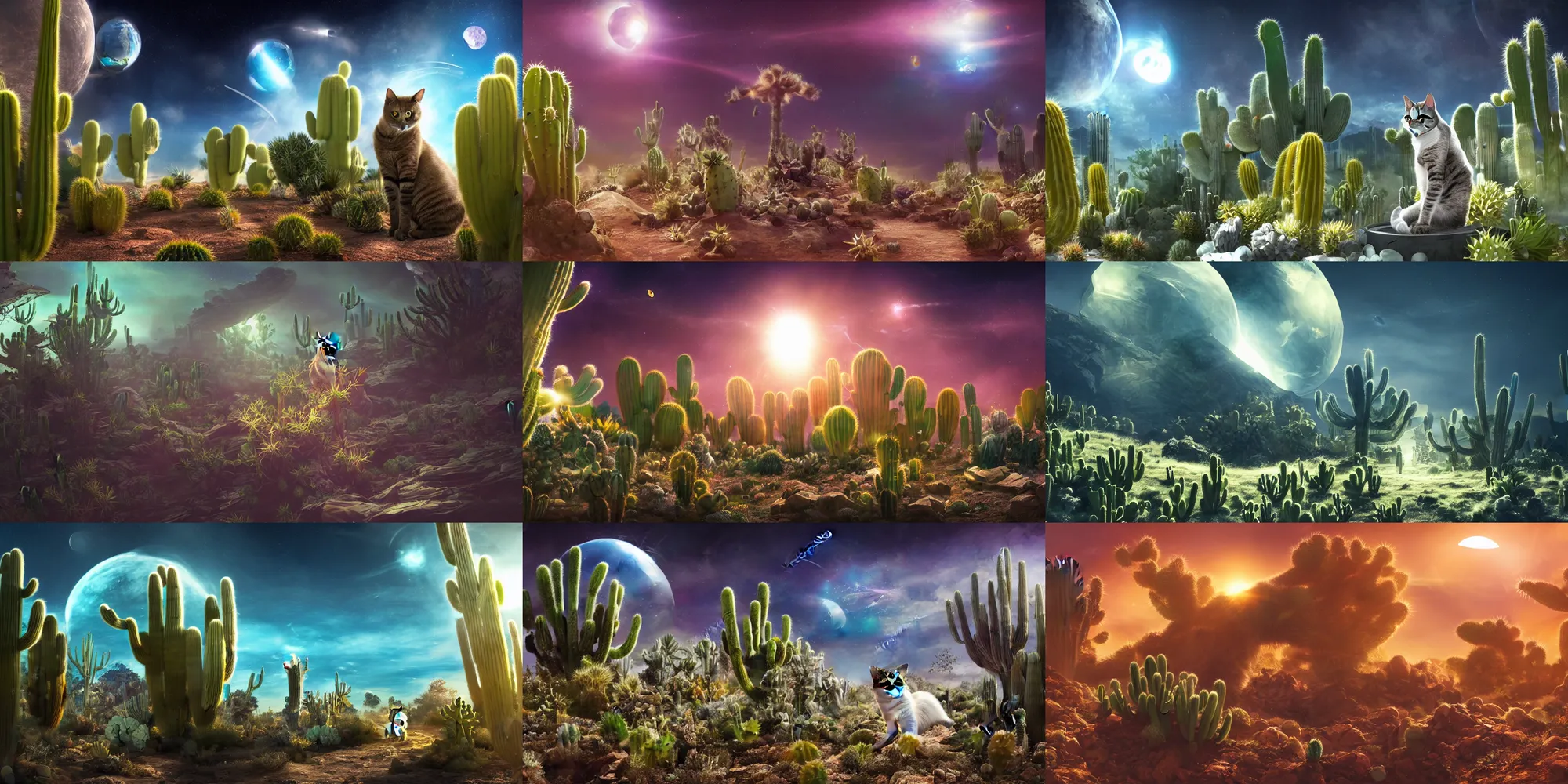 Prompt: A cat in a futuristic space suit on a planet with a lot of cactuses, beautiful digital art, dramatic volumetric lighting, epic composition, high detail, 4K Ultra HD