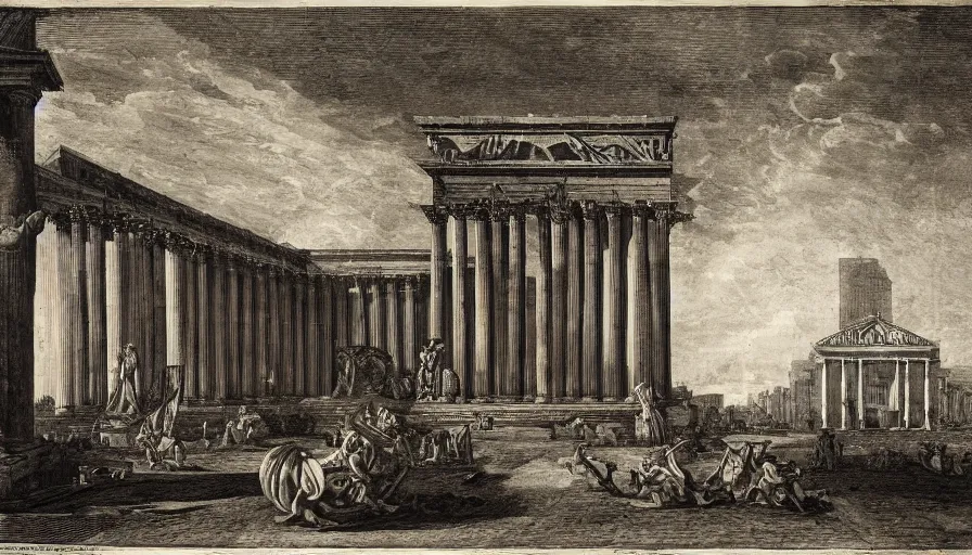 Image similar to a huge square with esoteric building with spheres, by piranesi, high quality, high detailed