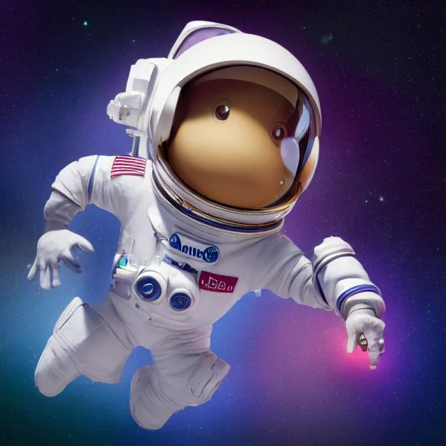 Image similar to a cute astronaut, pixar animation style, soft colors, by jeff koons, by lisa frank, octane render, colorful, spectral color, 5 d, ultra - hd, happy, good, mini, volumetric lighting