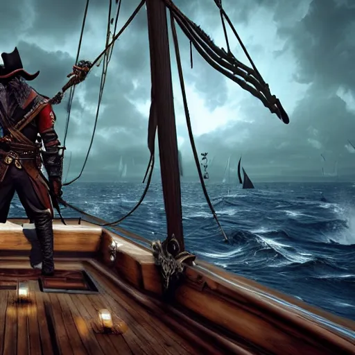 Prompt: pirate captain hunter from bloodborne on a sailing vessel, the view is from behind, bloodborne trick weapons, ocean, dark, stormy, gothic horror, renaissance painting, michelangelo