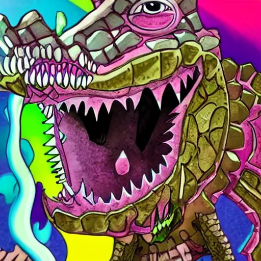 Image similar to detailed crocodile with a bear trap jaw as a colorful anime character