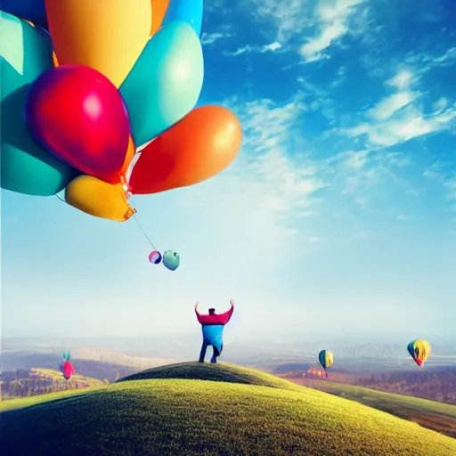 Image similar to a person standing on top of a hill under a bunch of balloons, digital art by RHADS, shutterstock contest winner, digital art, behance hd, photoillustration, whimsical