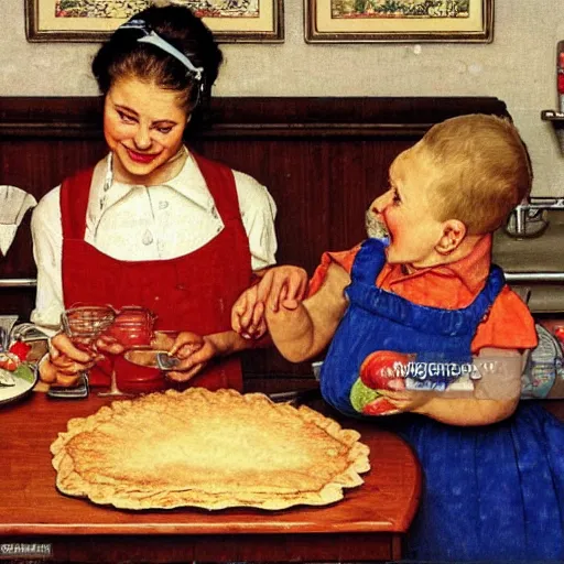 Image similar to housewife putting a hot apple pie on kitchen table, blue dress, apron, giving the middle finger to her husband, 2 children eating, artwork of norman rockwell