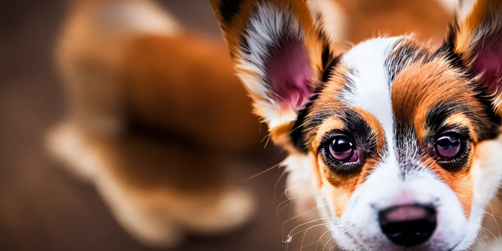 Prompt: a zeiss 8 5 mm f 1. 4 close up photo of a cute steampunk corgi puppy shot by steven mccurry