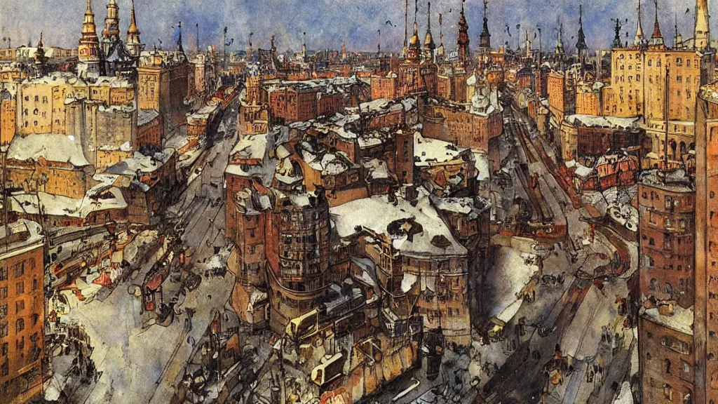 Prompt: russian revolution dieselpunk 1 9 1 0 cityscape, painting by carl larsson