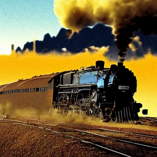 Prompt: steam locomotive crosses desert, seeing in the background the foothills of the rocky mountains, ultra detailed, photo-real, atmospheric