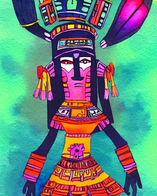 Prompt: aztec scifi pricess of the cloud forest, wearing a lovely dress. this watercolor painting by the award - winning animator has an interesting color scheme and impeccable lighting.