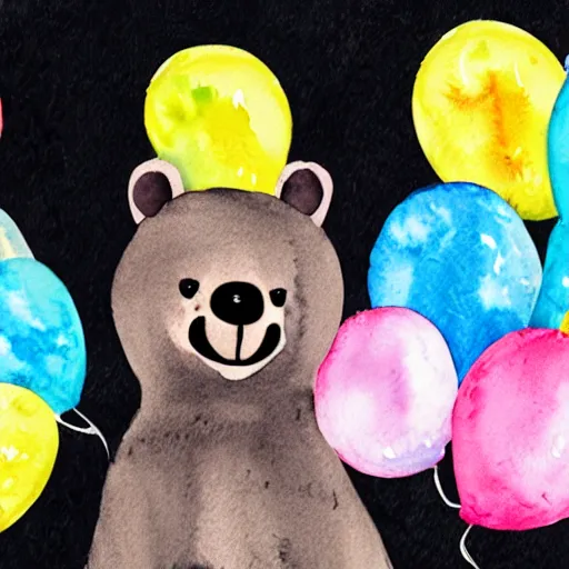 Prompt: watercolor animated bear holding birthday balloons