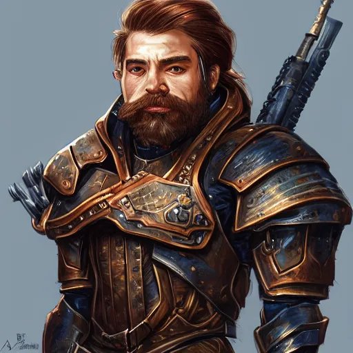 Image similar to portrait of a male dwarf by ayami kojima, he is about 2 0 years old, american, copper hair, strong, friendly, he is wearing a modern tactical gear, scifi, highly detailed portrait, digital painting, artstation, concept art, smooth, sharp foccus ilustration, artstation hq