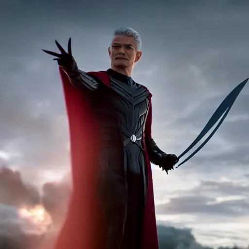 Image similar to A still of Orlando Bloom as Magneto in X-Men movie, dynamic lighting, villain pose, 8k, 2022 picture of the year