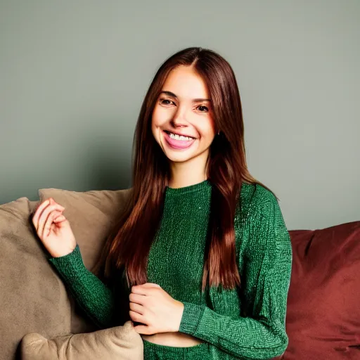 Image similar to a cute young woman smiling, long shiny bronze brown hair, full round face, green eyes, medium skin tone, light cute freckles, smiling softly, wearing casual clothing, relaxing on a modern couch, interior lighting, cozy living room background, medium shot, mid-shot, soft focus