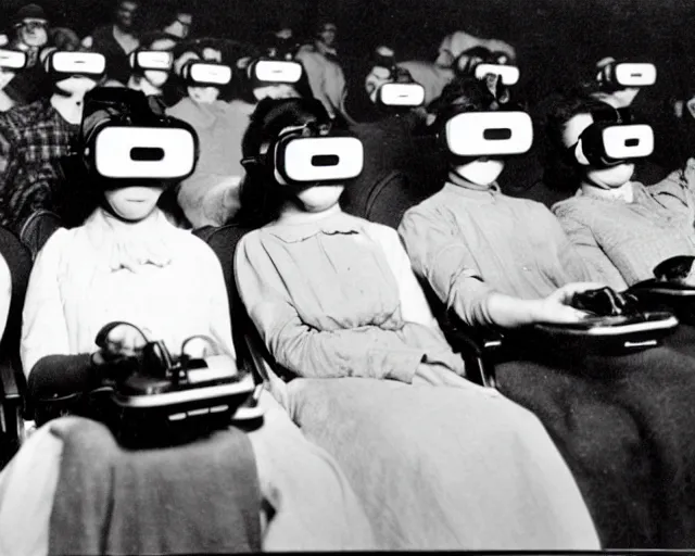 Image similar to 1 9 0 0 s photo of people using iphones ipods virtual reality headsets vr in a movie theater masterpiece