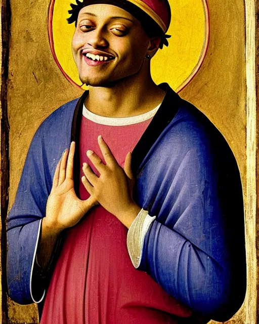 Image similar to rapper juice wrld legend rockstar smiling with a yellow halo above his head by fra angelico renaissance painting