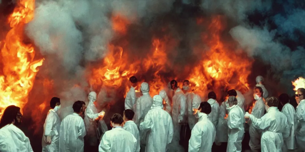 Image similar to filmic closeup dutch angle movie still 4k UHD 35mm film color photograph of a crowd of doctors burning alive inside of a science lab , in the style of a 1980s horror film