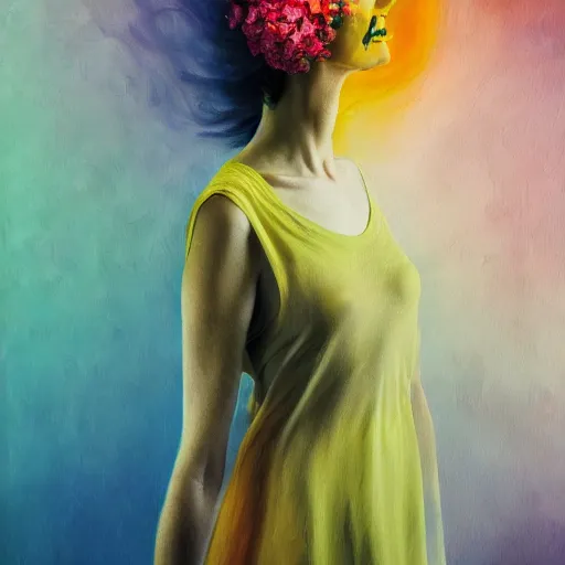 Image similar to huge flower as head, woman standing in a luxury apartment, surreal photography, dramatic light, impressionist painting, digital painting, artstation, georgia o'keeffe