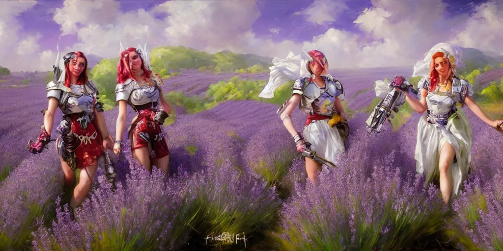 Prompt: warhammer 40k battle sisters in a lavander field. by Daniel F. Gerhartz, hyperrealistic oil painting, 4k, studio lightning, very detailed faces, rtx on