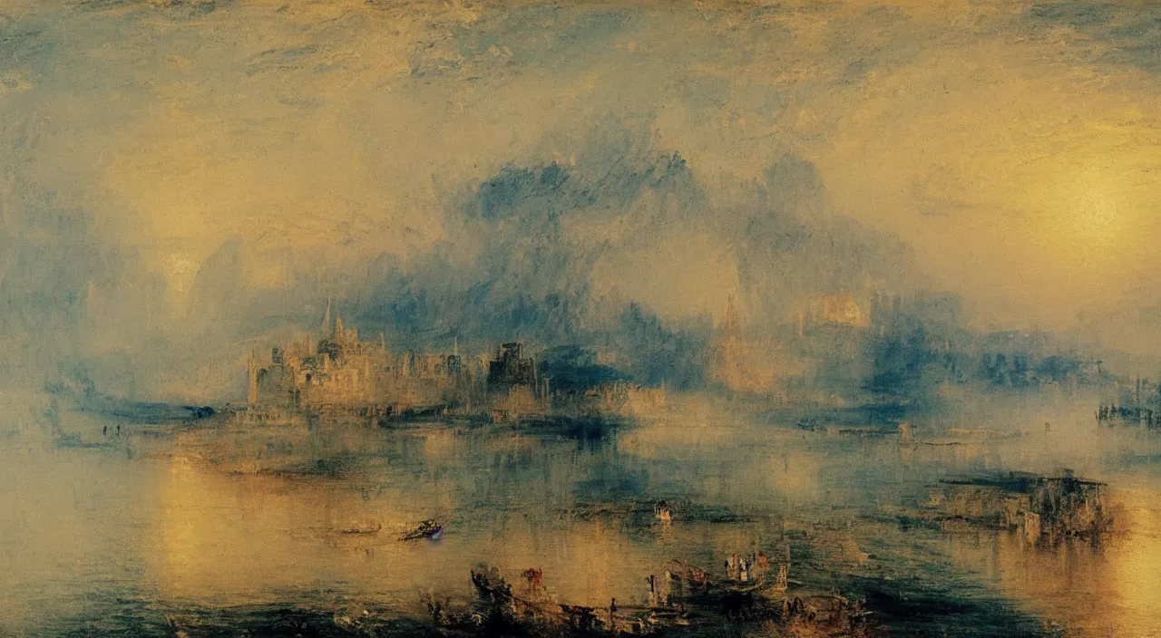 Image similar to a painting of a Japanese castle, by J. M. W. Turner