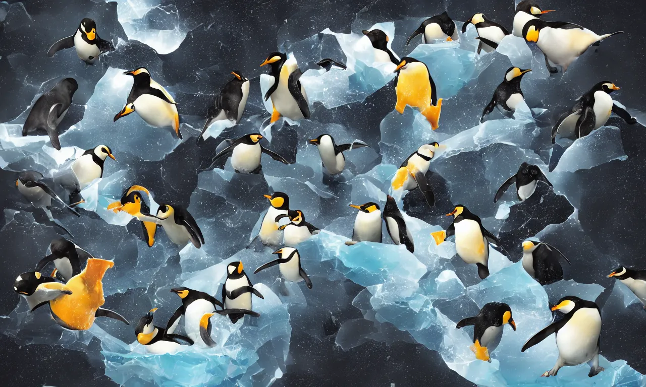 Prompt: penguins ripping space, rocks and scissors and interconnected high speed rails, digital art, 3 d illustration, transparent backround