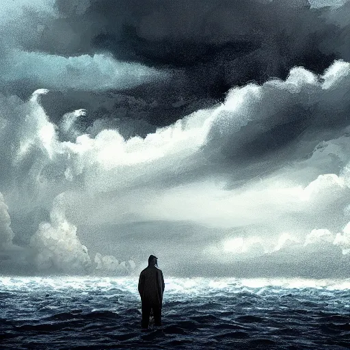 Prompt: a single man on a boat who is amazed by the beauty of a huge storm in the middle of the sea that is about to absorb him and end his life, illustration, digital art, d & d, trending on art station, masterpiece