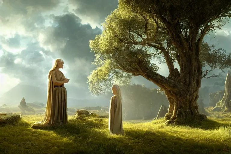 Prompt: scene with a beautiful realistic blond priestess, 30 years old woman, praying, standing in front of an altar in an antic sanctuary, horizon at dawn, some clouds, runic stones and columns in the background, some oak fantasy trees, cinematic light, digital painting by Magali Villeneuve and wlop, atmospheric effects, fireflies, 4K, octane render, artstation, deviantart