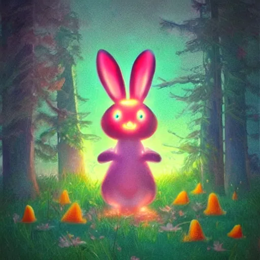 Prompt: a glowing luminous bunny surrounded by luminous pink orange yellow flowers and mushrooms in an enchanted forest trending on artstation hdr instagram photo fantasy art