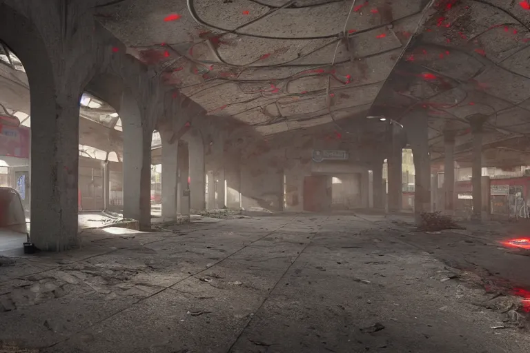 Prompt: ruined, abandoned, underground metro station, seen from inside. Diffused light red flares on the ground. Smoke. Dirt, leaves on ground. Unreal Engine. Substance painter. Zbrush. Trending on artstation. 8K. Highly detailed.