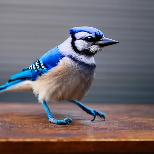 Prompt: bluejay standing next to a soda bottle