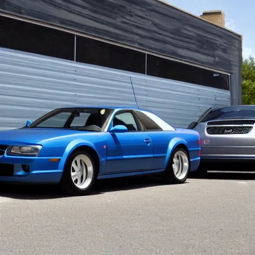 Prompt: A mix of Denim Blue Audi A4 B6 Avant (2002) and a Chevrolet Camaro (1969), wide shot
