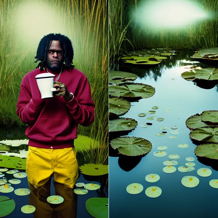 Prompt: Kodak Portra 400, 8K, soft light, volumetric lighting, highly detailed, britt marling style 3/4 ,portrait photo of chief keef holding a cup of lean and a blunt, the face emerges from the water of a pond with water lilies, inspired by Ophelia paint , a beautiful scenery with highly detailed realistic weed smoke , Realistic, Refined, Highly Detailed, natural outdoor soft pastel lighting colors scheme, outdoor fine art photography, Hyper realistic, photo realistic