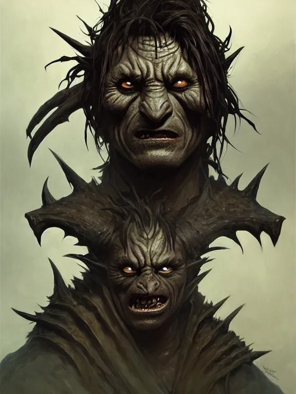 Prompt: portrait of sean penn as a black cavern orc, looking at camera, d & d, savage warrior, scale attire, aztec hair, large noses, intricate, fantasy, extremely detailed, digital painting, artstation, concept art, smooth, sharp focus, illustration, ambient lighting, art by artgerm and greg rutkowski and alphonse mucha and simon stalenhag