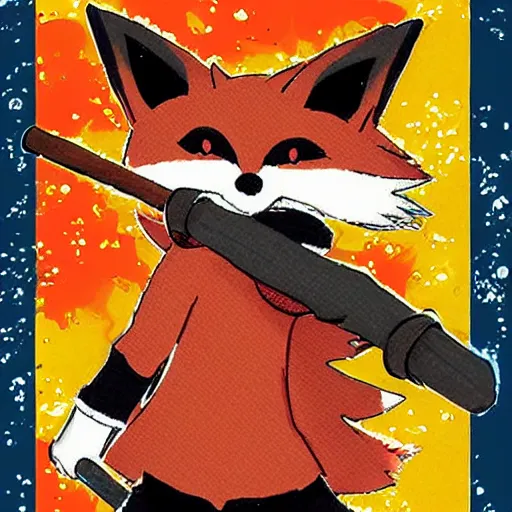 Prompt: a card with a picture of a fox holding a baseball bat, a comic book panel by ken sugimori, featured on pixiv, official art, poster art, 2 d game art, deviantart contest winner