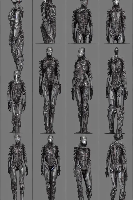 Image similar to cyborg vampire with gunmetal grey skin, medical anatomy, very symmetrical face, highly detailed, mecha, three - perspective / three - view reference sheet ( front / back / side ), in the style of dan ouellette, hr giger, sil from species, dren from splice, biomechanical, artstation, unreal engine