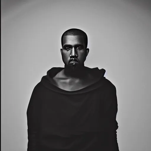 Image similar to a chiaroscuro lighting portrait of kanye west dressed as rick owens, black background, portrait by julia margaret cameron, shallow depth of field, 8 0 mm, f 1. 8