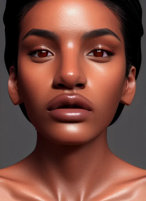 Image similar to beautiful female portrait, latina, brown skin, composite, attractive facial features, haze, intricate, symmetrical!!, makeup, maybelline, 3 5 mm, cinematic, filmic, vsco, concept art, artstation, digital painting, elegant, model, gorgeous, vray, flim, octane render, ambient occlusion, prism lights