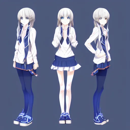 Image similar to high school girl split dimensions, azure blue eyes, silver hair, full body!!! digital anime art, made by xiaoguaishou, trending on artstation