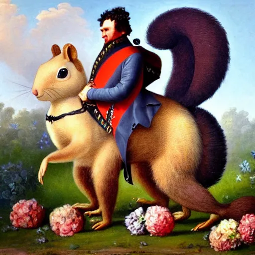 Prompt: a giant fluffy squirrel carrying napoleon bonaparte on its back, on a beach, surrounded by flowers and foliage, detailed oil painting