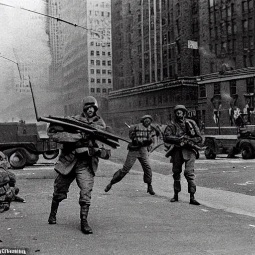 Prompt: Epic shootout between Soviet and American troops on the streets of New York, powerful explosions, Super colorful style, super detail of each object,