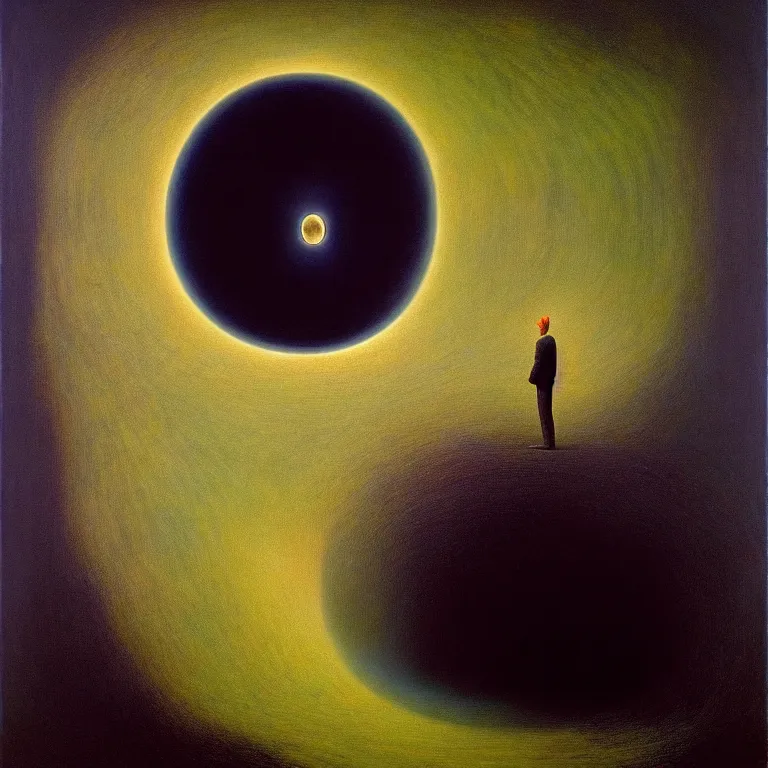 Image similar to a man looks into his own painting and sees a black hole, by zdzisław beksinski and salvador dali, surreal, oil on canvas, hyper detailed