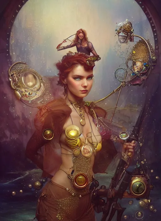 Image similar to hyper realistic fisherman, magical, gems, jewels, gold, steampunk, cyberpunk utopia, painted by tom bagshaw, mucha, gaston bussiere, craig mullins, j. c. leyendecker 8 k