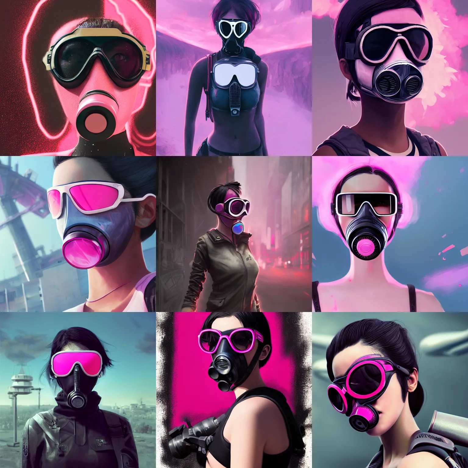 Prompt: a girl with pink and black hair wearing sunglasses and a gas mask, digital art, futuristic, 8 k resolution, unreal engine, highly detailed, photorealistic by wlop, greg rutkowski