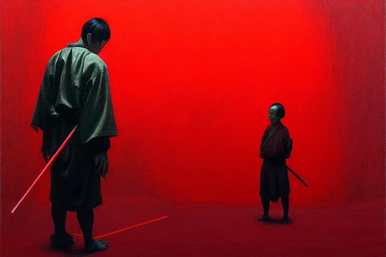 Image similar to only with red, a red samurai do seppuku, tokio, a lot of frogs watch, in the style of beksinski, parts by edward hopper, parts by rodcenko, parts by yue minjun, intricate and epic composition, red by caravaggio, insanely quality, highly detailed, masterpiece, red light, artstation, 4 k